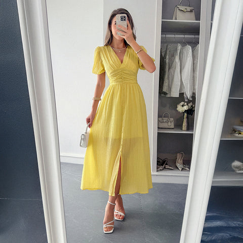 Robe longue à manches courtes et décolleté plongeant en V, style vacances, m301395 