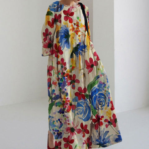 Robe ample à col ras du cou et manches longues imprimée haut de gamme m301044