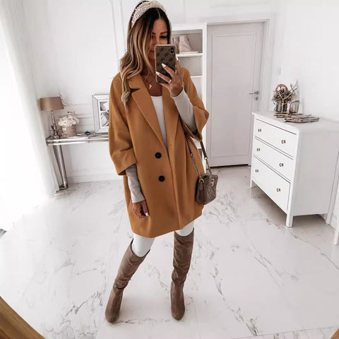 Seven-quarter sleeve button lapel pocket woolen jacket m300545