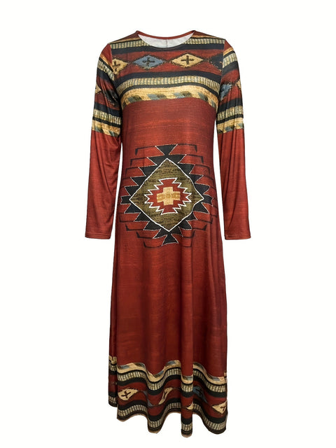 Robe longue à imprimé géométrique et col rond, style rétro ethnique, m300711 
