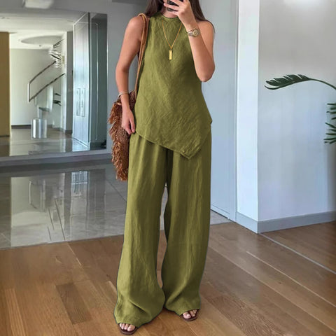 Casual round neck pullover sleeveless plus pocket trousers cotton multi-color m301437