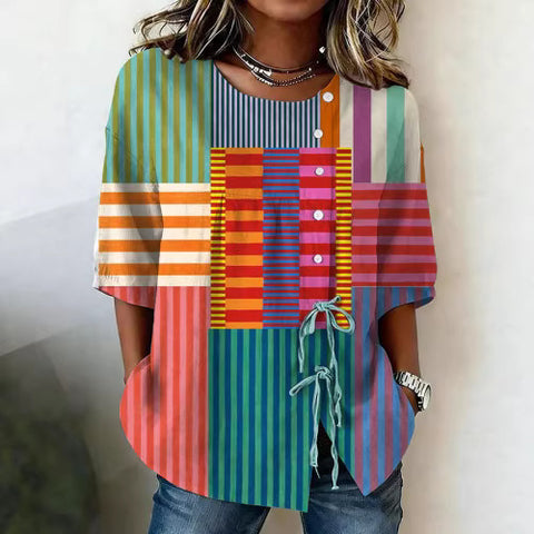 Color matching loose blouse five-button drawstring shirt m302758
