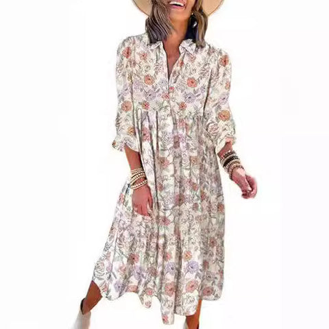 Robe ample à manches longues et col en V pour femme, style bohème, florale, élégante, en forme de A, m300573 