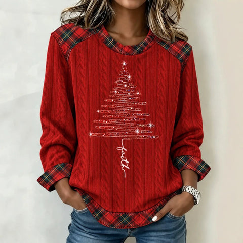 Christmas tree plaid print crew neck long-sleeved casual pullover sweater FF303471