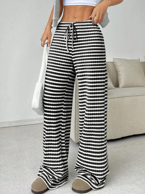 New casual striped solid color rubber band pull rope cotton straight pants m301650
