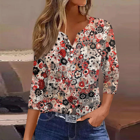 Col en V, manches sept-quarts à trois boutons, imprimé floral, vêtements amples pour femmes à la mode et décontractés m300565 