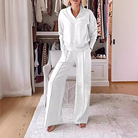 Zweiteiliges Set mit V-Ausschnitt, langärmeligem, lockerem Oberteil und Hose mit weitem Bein, m301327 