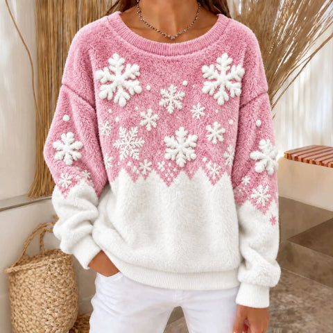 Snowflake print crew neck long-sleeved casual pullover flannel sweater FF303422