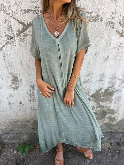 Fashion cotton and linen V-neck semi-formal dress m301062