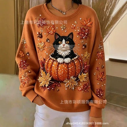 Women's autumn drop shoulder crew neck sweatshirt 3D digital print crew neck FF303475