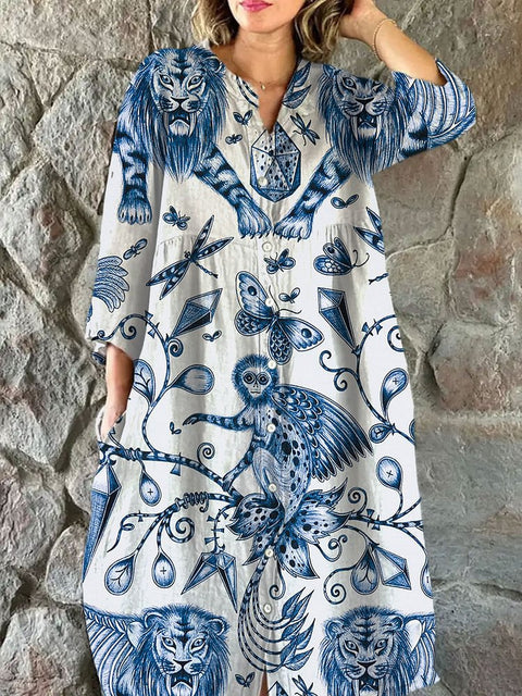 Robe chemise ample à col ras du cou et manches longues pour femme, imprimée, de qualité supérieure, m301050