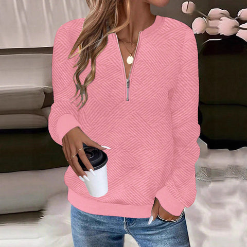 Women's casual solid color knitted texture fabric zipper long sleeve sweater m301886