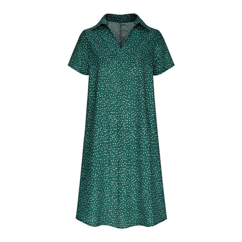 Langes Kleid, lässig, locker, V-Ausschnitt, bedruckt, gepunktet, Hemdkleid, m300919 