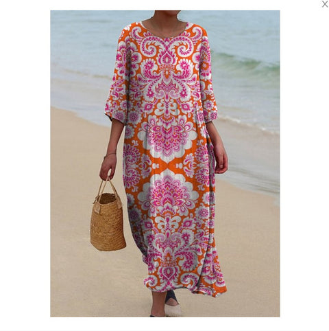 Robe longue à col ras du cou pour femme, imprimée, décontractée, tendance, m301059