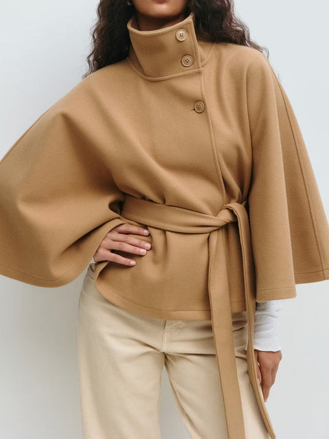 Stand-up collar waist thin lace-up solid color woolen coat women's m302333