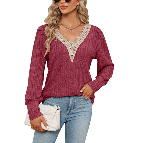T-shirt ample à manches longues et col en V pour femme, en dentelle, avec bandes sous les aisselles, poli, ample, m300519 