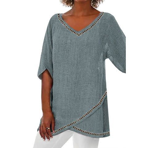 Damen-T-Shirt mit V-Ausschnitt und neunviertellangen Ärmeln und Tiermotiven, lockeres Motiv, m301289 