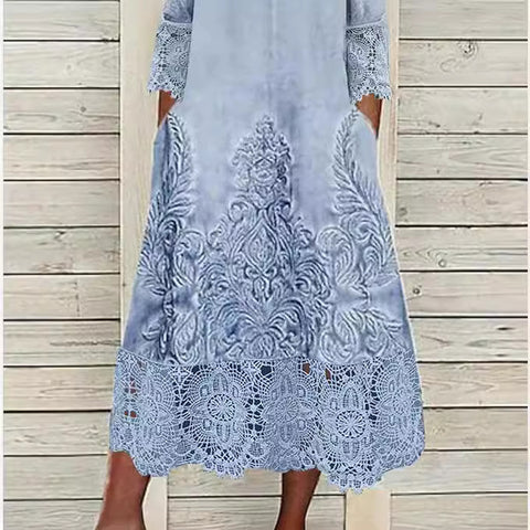 Robe à épissure en dentelle, jupe imprimée à manches courtes pour femme m300386 