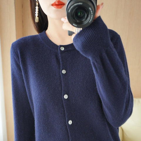 Knitted cardigan early spring crew neck sweater women's long-sleeved solid color versatile jacket women's m301748