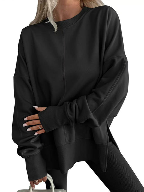 Loose sweater side split splicing round neck bat sleeve fleece top m302100