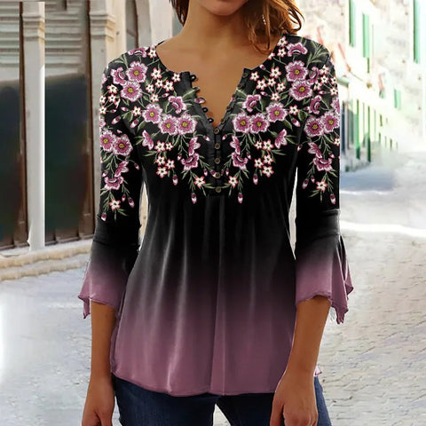 T-shirt à imprimé floral Ruili Fashion, col en V, manches trois-quarts m300035