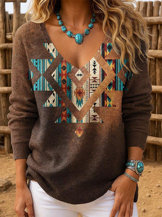 Shoulder V-neck Long Sleeve Pullover 3D Digital Printing Women's Top T-Shirt FF303430 03