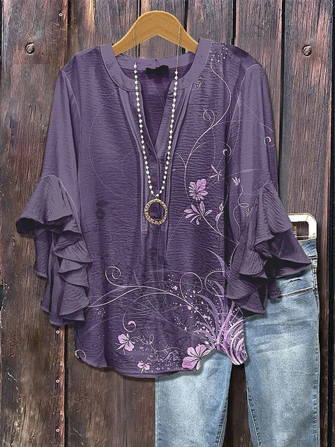 Creative floral element printing digital printing casual trend V-neck lotus edge T-shirt women's m301769