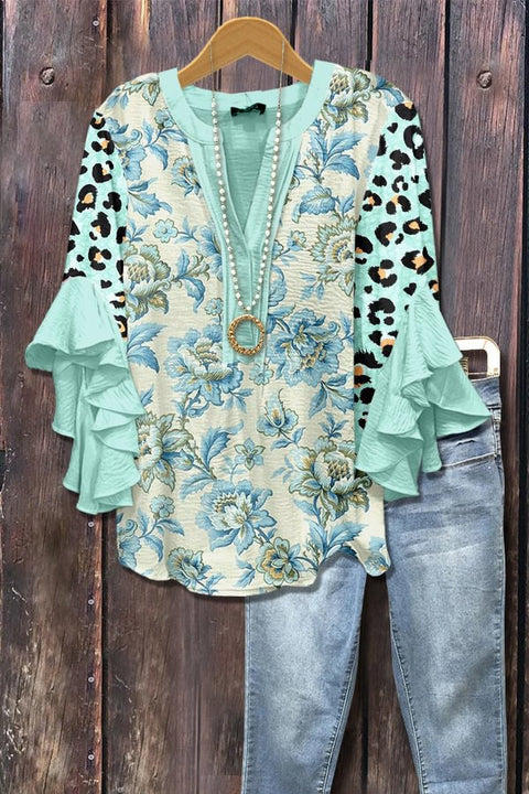 Creative floral element printing digital printing casual trend V-neck lotus edge T-shirt women's top m301778