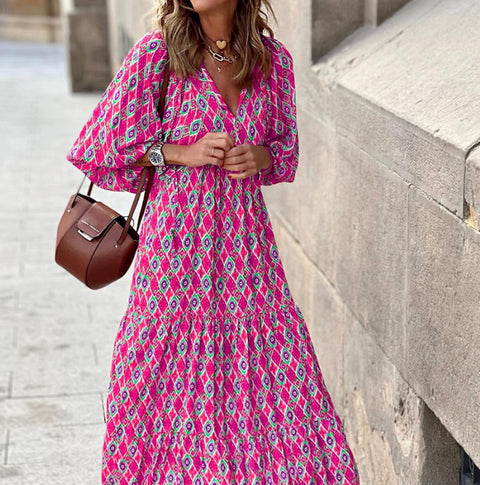 Robe à manches bouffantes à imprimé géométrique, jupe de rue frite m300902 