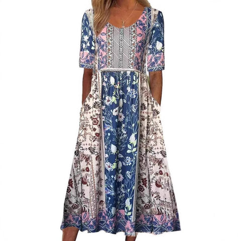 Robe longue décontractée à col ras du cou et manches courtes pour femme, imprimé 3D, taille plissée, style trapèze, m301299 
