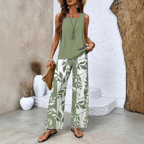 Lässige Pulloverweste mit quadratischem Ausschnitt und Hose mit Digitaldruck für Damen, zweiteilig, m301436 