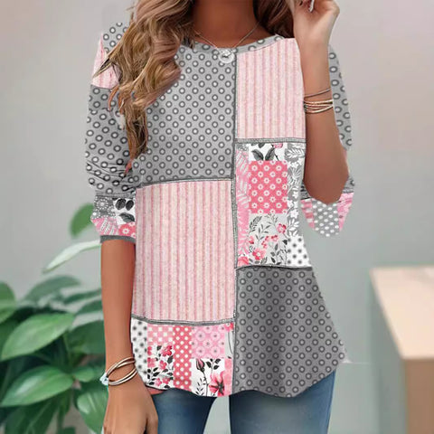 Langärmliges Damen-T-Shirt im Retro-Karo-Stil mit Rundhalsausschnitt m300651 