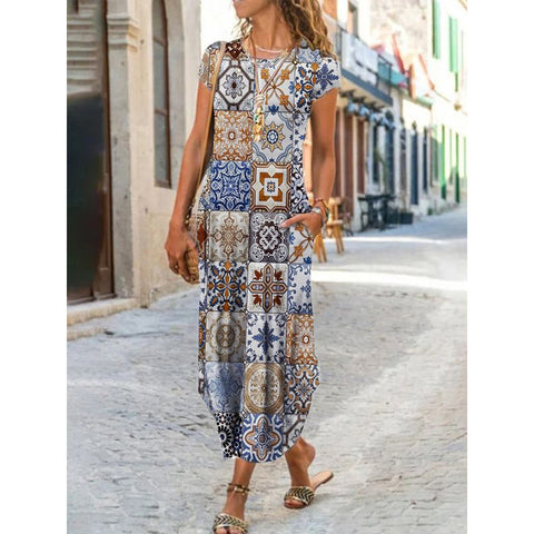 Rundhals-Tasche Kurzarm-Trend-Print-Kleid m300031 