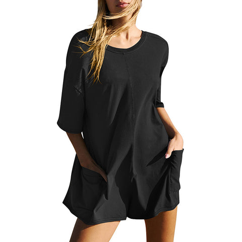 Damen Kurzarm Rückenfrei V-Ausschnitt Locker Lässig Taschen Jumpsuit M300225 