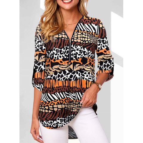 Chemise ample à manches longues et col en V pour femme, grande taille, fermeture éclair, manches retroussables, M300207 