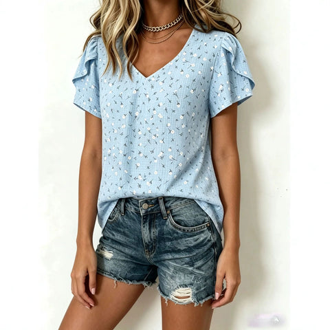 Loose and versatile casual top women's light blue small floral V-neck ruffle edge short sleeve m302738