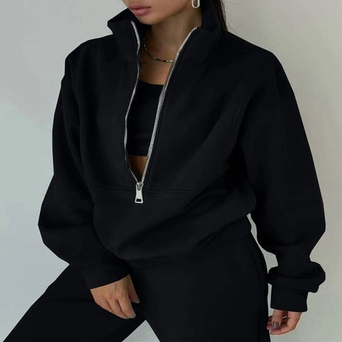 Casual sports home loose and comfortable zipper fleece knitted sweater sweatpants two-piece women's clothing m301654