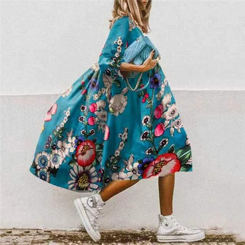 Robe décontractée à manches longues et col rond, taille ample, imprimée, M300179 