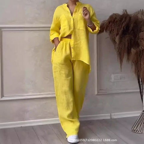 Casual cotton and linen solid color shirt drawstring wide-leg pants set m302317