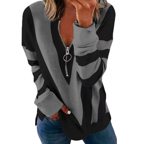Pull à manches longues et col en V pour femme, imprimé floral, fermeture éclair, M300196 