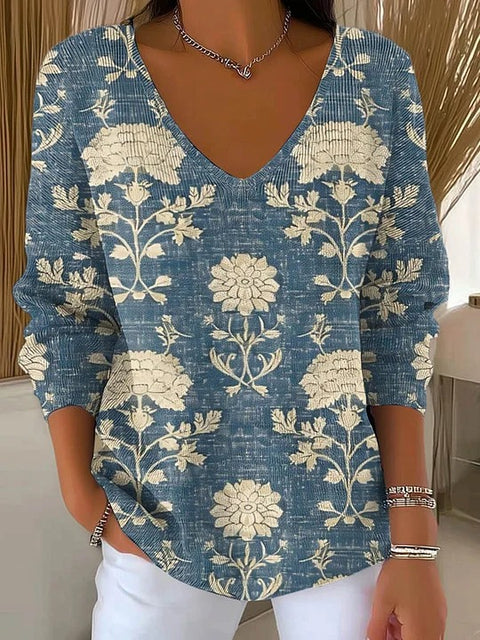 Shoulder V-Neck Long Sleeve Pullover 3D Digital Printing Women's Top T-Shirt m302616