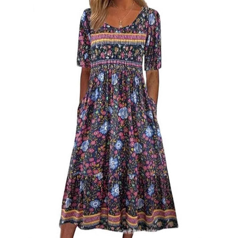 Robe longue décontractée à col ras du cou et manches courtes pour femme, imprimé 3D, taille plissée, style trapèze, m301299 