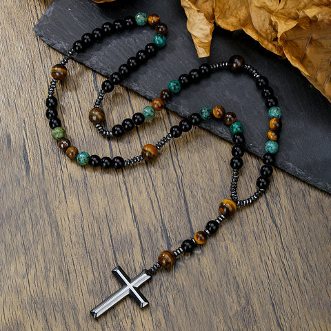 Collier hip hop en pierre naturelle noire, œil de tigre jaune, croix en pierre de fer, m3331291 