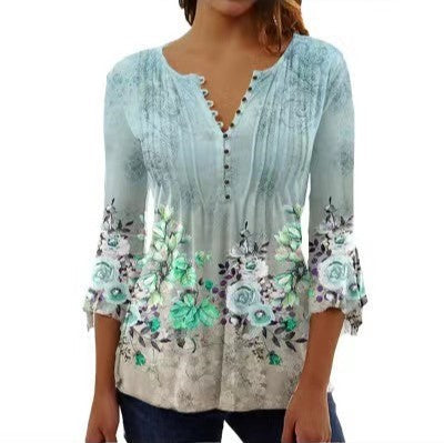 T-shirt imprimé à col en V et manches courtes, boutonné et plissé, m300032 