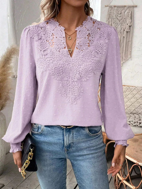 Chemisier décontracté à manches longues et col en V avec coutures en dentelle m301373 