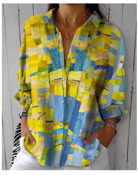 3D digital printing abstract pattern women's long-sleeved buckle linen shirt m302749-03