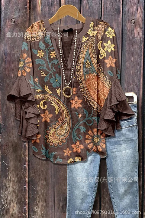 Kreativer Digitaldruck mit Blumenelementdruck, lässiger Trend, V-Ausschnitt, Lotuskante, T-Shirt m301352 