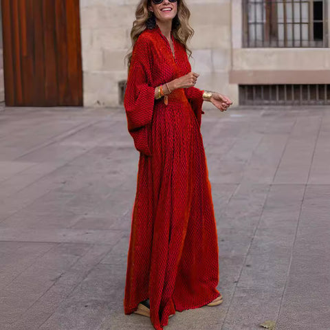Autumn long-sleeved loose V-neck waist pendulum dress women's m301675