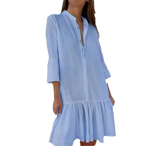 Robe chemise boutonnée à col montant et manches 9/4 en coton avec ourlet plissé m300679 