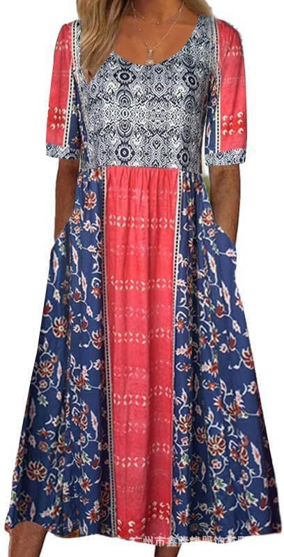 Robe longue décontractée à col ras du cou et manches courtes pour femme, imprimé 3D, taille plissée, style trapèze, m301299 